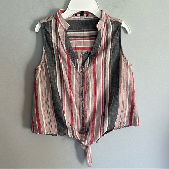 Drew Linen Button Up Striped Tie Waist Sleeveless Top Blouse Pink Gray - Picture 1 of 6